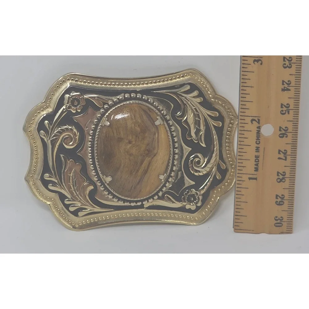 Vintage Western Belt Buckle Two Tone Gold Black Wood-Grain Cabochon Inlay